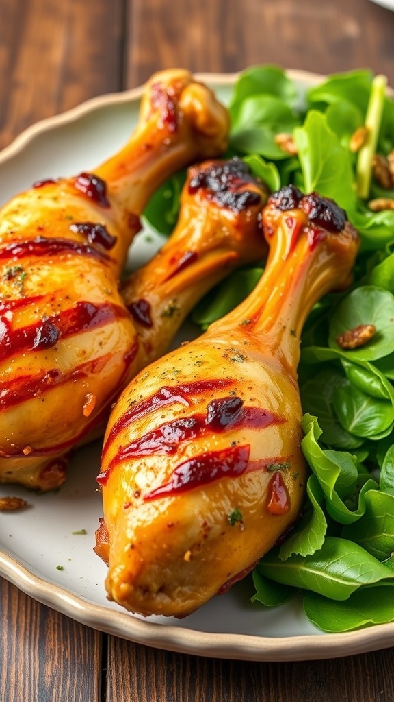 Keto Baked Chicken Drumsticks Recipe Crispy baked chicken drumsticks on a plate with a fresh salad, showcasing a golden brown color.
